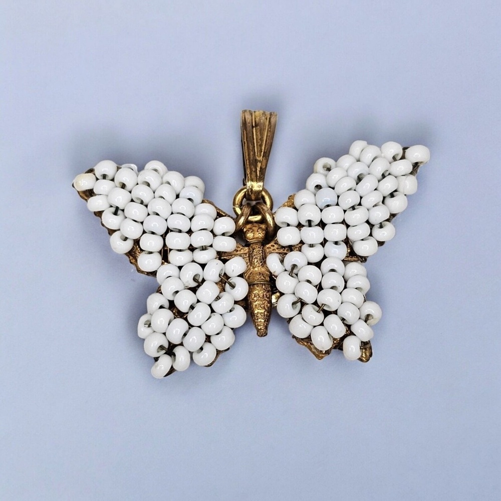 Vintage Miriam Haskell Butterfly White Beaded Necklace Charm Pendant